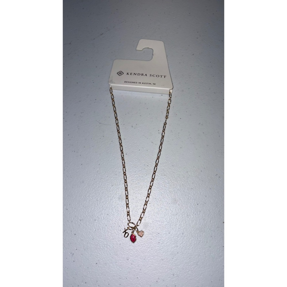Kendra Scott Gold Tone Charm Necklace XO Pink Heart Red Stone 215-16-0675 NWT